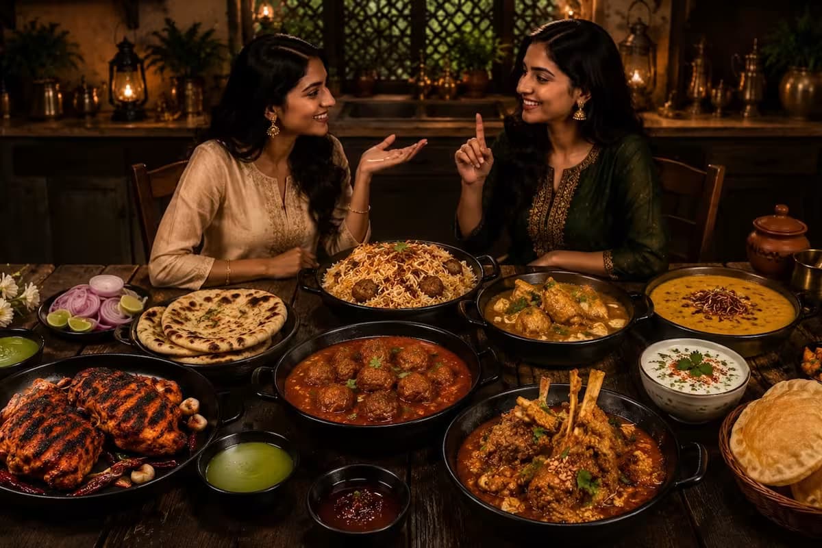 Two women enjoying Mughlai dishes